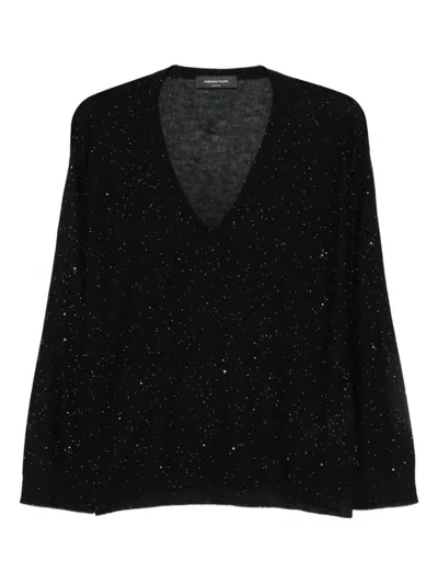 Fabiana Filippi V-neck Wool Sweater Sparkling Detail In Black