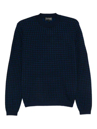 Emporio Armani Geometric Pattern Crewneck Wool Jumper In Blue