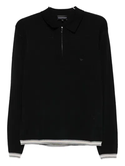 Emporio Armani Half-zip Wool-blend Polo Shirt In Black