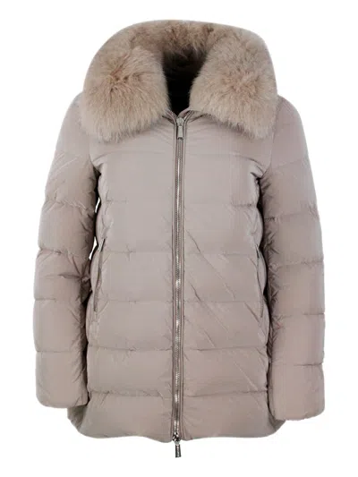 Moorer Fur-collar Quilted Coat In Purple