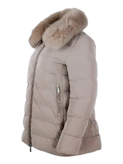 Moorer Fur-collar Quilted Coat In Purple