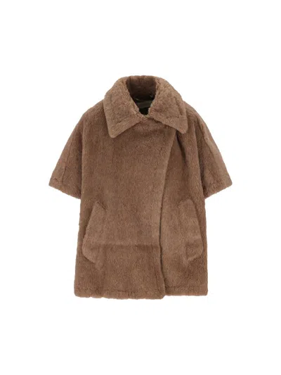 Max Mara Collared Cape With Front Pockets And Short Sleeves In Brown