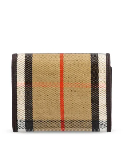 Burberry Compact Wallet With Leather Inserts In Check Pattern In Burgundy