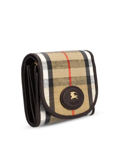 Burberry Compact Wallet With Leather Inserts In Check Pattern In Burgundy