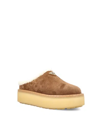 Prada Suede Shearling Cozy Platform Mules In Brown