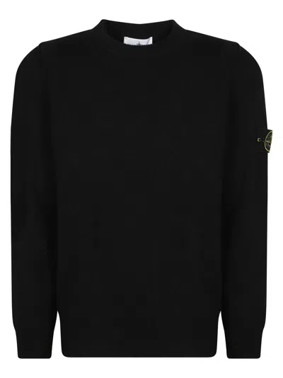 Stone Island Ribbed Texture Black Crew Neck Sweater In Black