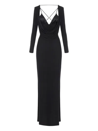 Elisabetta Franchi Draped Black Maxi Dress With Deep Neckline In Black