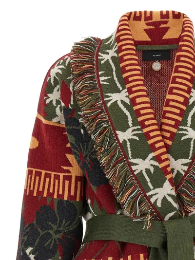 Alanui 'hibiscus Bloom' Long Belted Cardigan With Fringed Trim