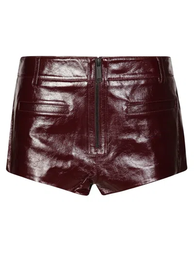 Self-portrait High-shine Burgundy Leather Shorts With Tailored Fit In Brown