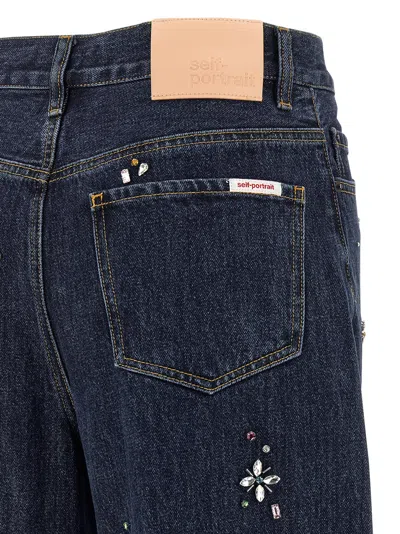 Self-portrait Self Portrait Blue Embellished Barrel Leg Jeans In Blue