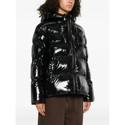 Pinko Oversized Black Puffy Coat With Glossy Finish And Hood In Black