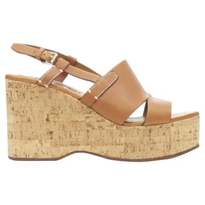 Ralph Lauren Collection Tan Leather Cork Wedge Platfor In Brown