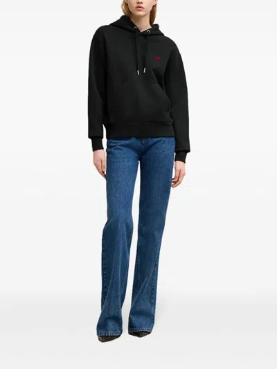 Ami Alexandre Mattiussi Ami Black Cotton Hoodie With Embroidered Logo And Functional Pockets In Black