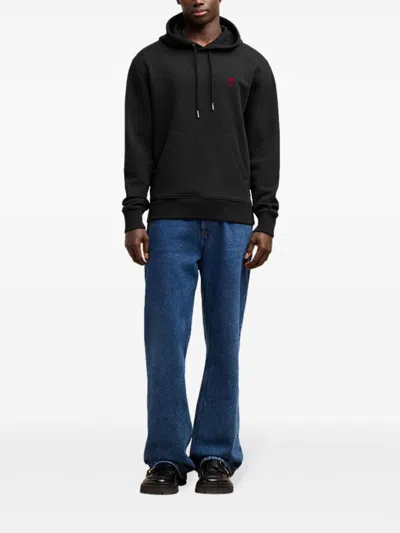 Ami Alexandre Mattiussi Ami Black Cotton Hoodie With Embroidered Logo And Functional Pockets In Black