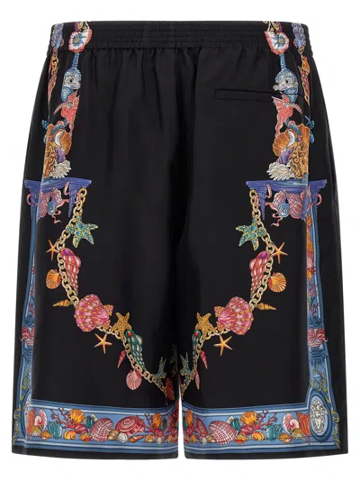Versace Multicolor Coral Theatre Print Bermuda Shorts In Black