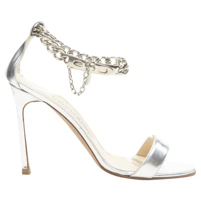 Manolo Blahnik Silver Chunky Chain Lock Ankle Strap High Heel Sandal In Silver