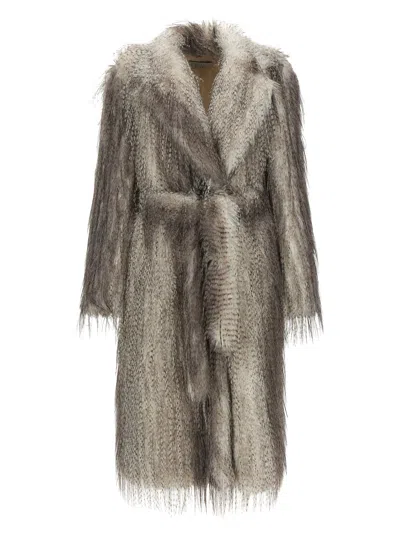 Giuseppe Di Morabito Waist Belted Faux Fur Knee Length Coat In Gray