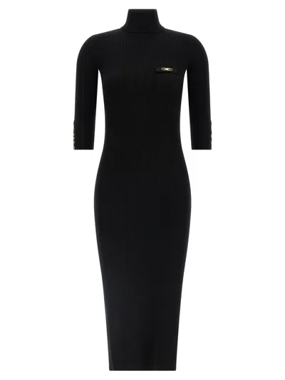 Elisabetta Franchi Form-fitting Black Midi Dress With Ribbed Texture And Logo Detail In Black