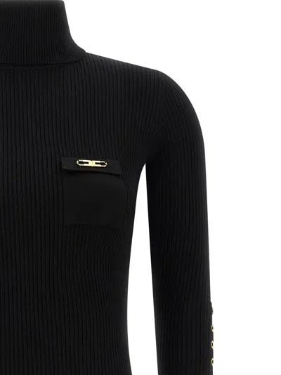 Elisabetta Franchi Form-fitting Black Midi Dress With Ribbed Texture And Logo Detail In Black