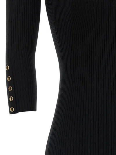 Elisabetta Franchi Form-fitting Black Midi Dress With Ribbed Texture And Logo Detail In Black
