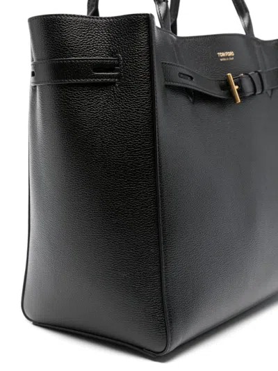 Tom Ford Black Tote Bag With T Detail In Hammered Leather Woman