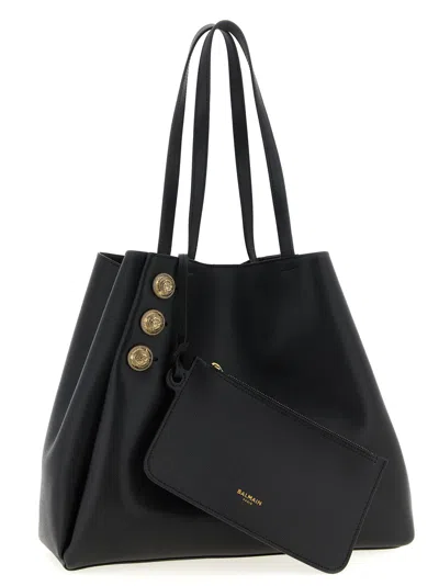 Balmain Embleme Shopper Tote Bag In Smooth Leather In Black