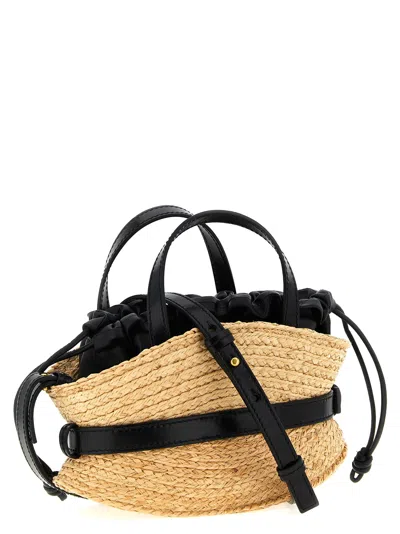 Balmain Shuffle Mini Top-handle Bag In Raffia And Calfskin In Nude