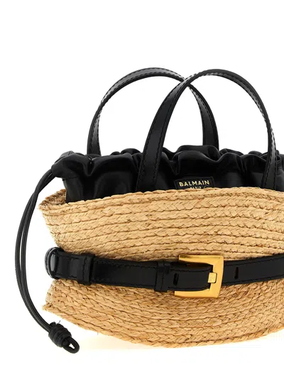 Balmain Shuffle Mini Top-handle Bag In Raffia And Calfskin In Nude