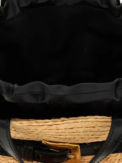 Balmain Shuffle Mini Top-handle Bag In Raffia And Calfskin In Nude