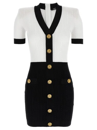 Balmain Fitted Black Dress With Ribbed Texture And Gold Accents In Black