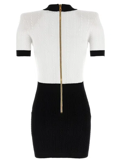 Balmain Fitted Black Dress With Ribbed Texture And Gold Accents In Black