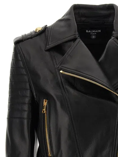 Balmain Cropped Leather Biker Jacket In Black