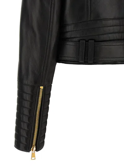 Balmain Cropped Leather Biker Jacket In Black