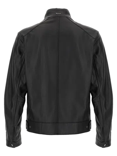 Hugo Boss Regular-fit Jacket In Grained Leather In Black