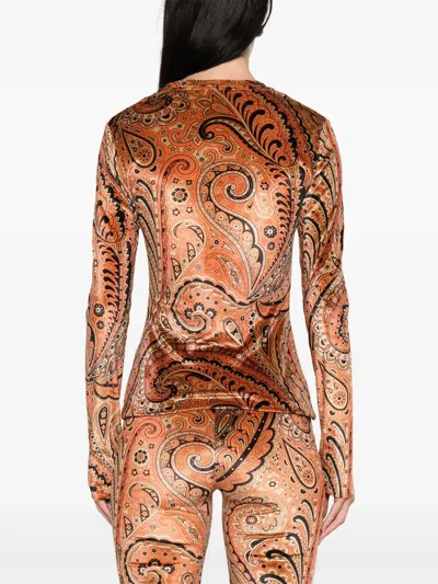 Etro Emerald Paisley Velvet Long Sleeve Crewneck In Multi