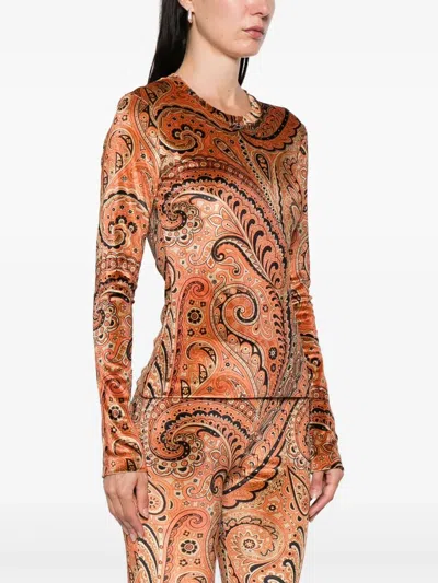 Etro Emerald Paisley Velvet Long Sleeve Crewneck In Multi