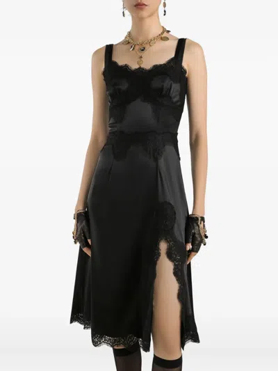 Dolce & Gabbana Lace Trim Satin Dress With Spaghetti Straps In Black