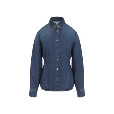 Alaïa Womens Bleu Mineral Pointed-collar Curved Denim Shirt In Blue