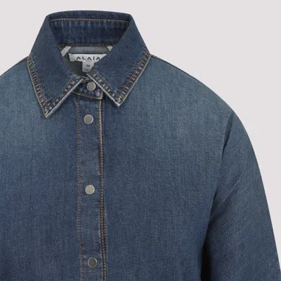 Alaïa Womens Bleu Mineral Pointed-collar Curved Denim Shirt In Blue
