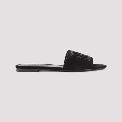 Dolce & Gabbana Black Goat Leather Slides With Signature Dg Logo In Black