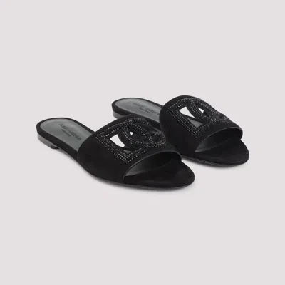 Dolce & Gabbana Black Goat Leather Slides With Signature Dg Logo In Black