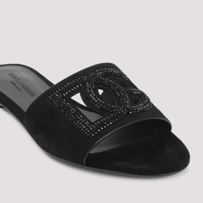Dolce & Gabbana Black Goat Leather Slides With Signature Dg Logo In Black