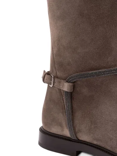 Brunello Cucinelli Suede Boots With Monili Detail In Brown