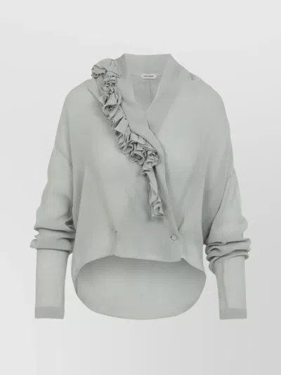 Alberta Ferretti Light Gray Ruffle Blouse With Deep V-neckline In White