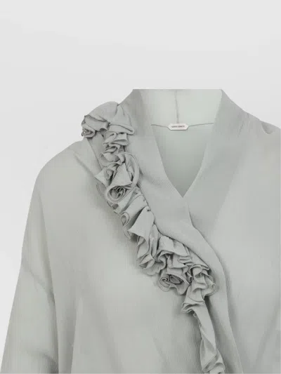 Alberta Ferretti Light Gray Ruffle Blouse With Deep V-neckline In White