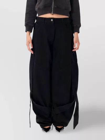 Attico Wide Leg Denim Trousers With Strap And Pockets In Black