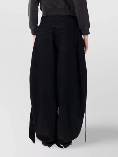 Attico Wide Leg Denim Trousers With Strap And Pockets In Black