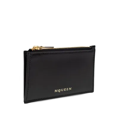 Alexander Mcqueen Logo Stamped Leather Zip Cardholder In Black