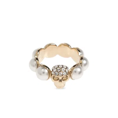 Alexander Mcqueen Crystal And Pearl Skull Rings In Gold