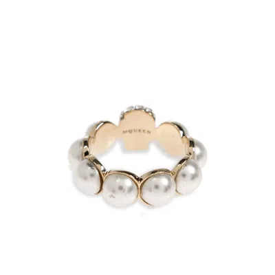 Alexander Mcqueen Crystal And Pearl Skull Rings In Gold